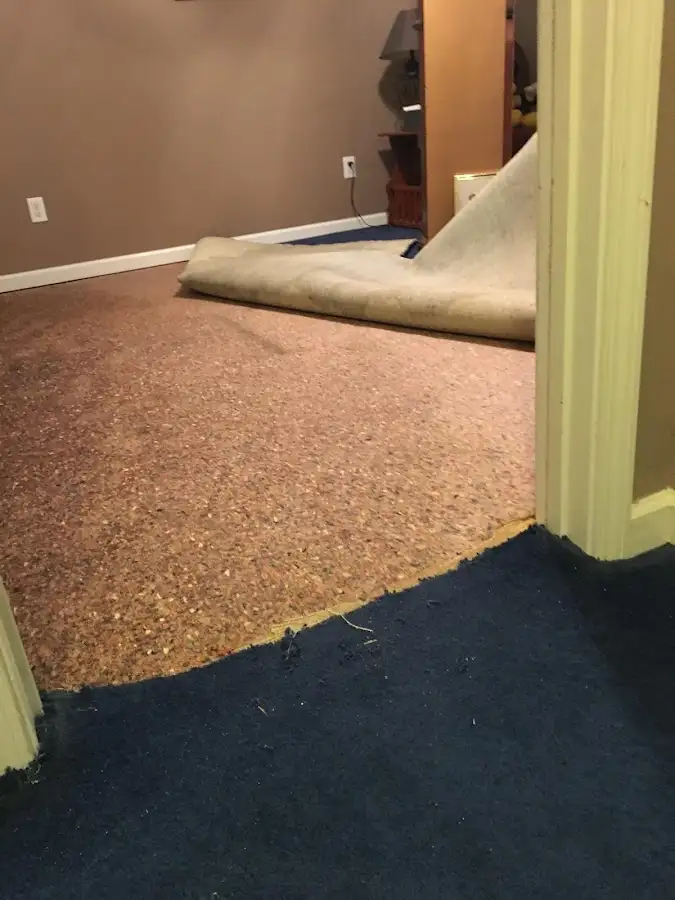 Carpet pad removal revealing water damage during Water Mitigation Services in Lakehills